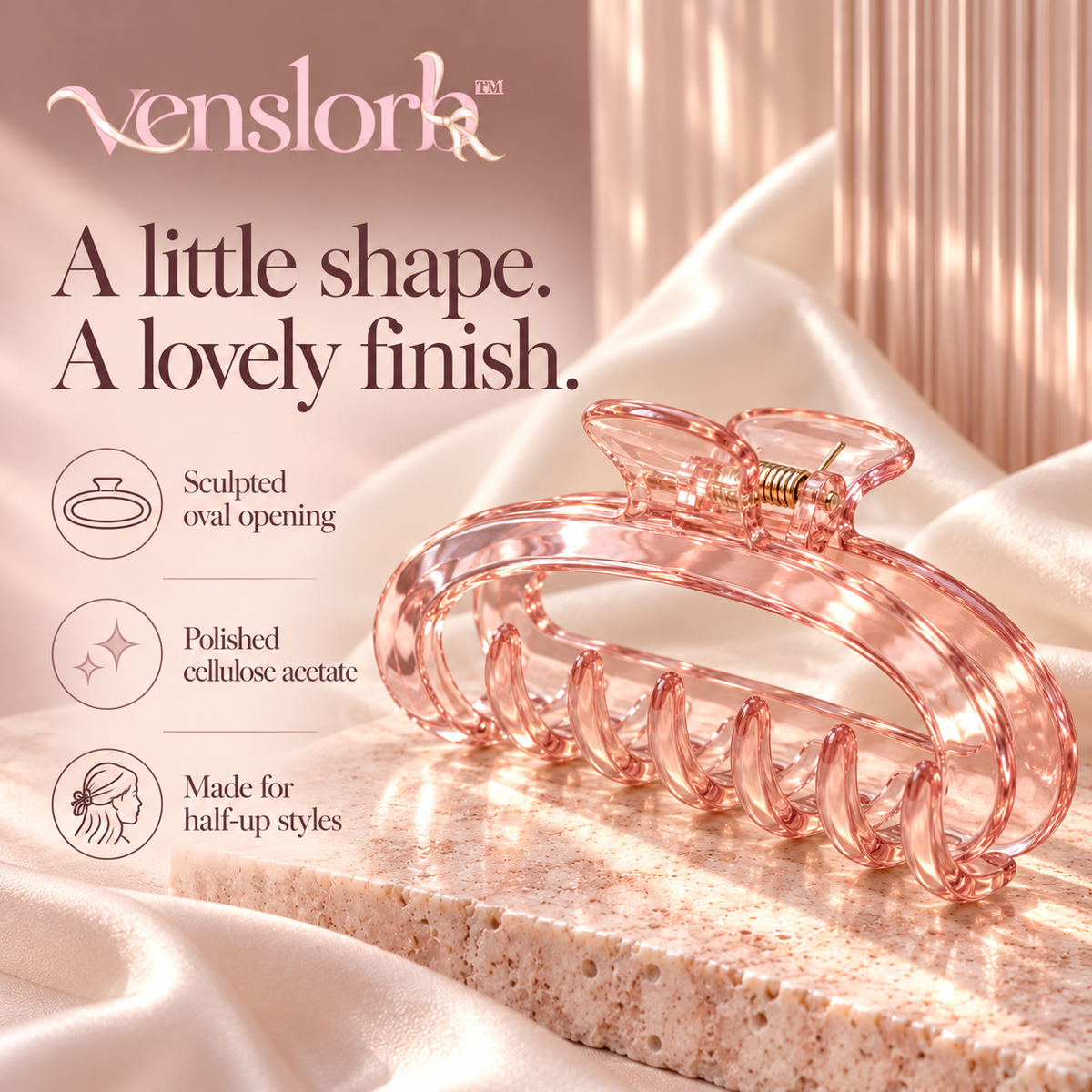 venslorb™ Arcform Acetate Claw Clip, 3.5-Inch Medium Hair Jaw Clip for Half-Up Styles & Everyday Twists