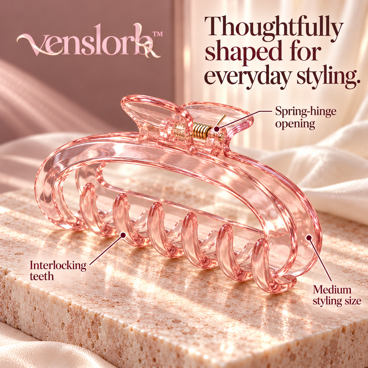 venslorb™ Arcform Acetate Claw Clip, 3.5-Inch Medium Hair Jaw Clip for Half-Up Styles & Everyday Twists
