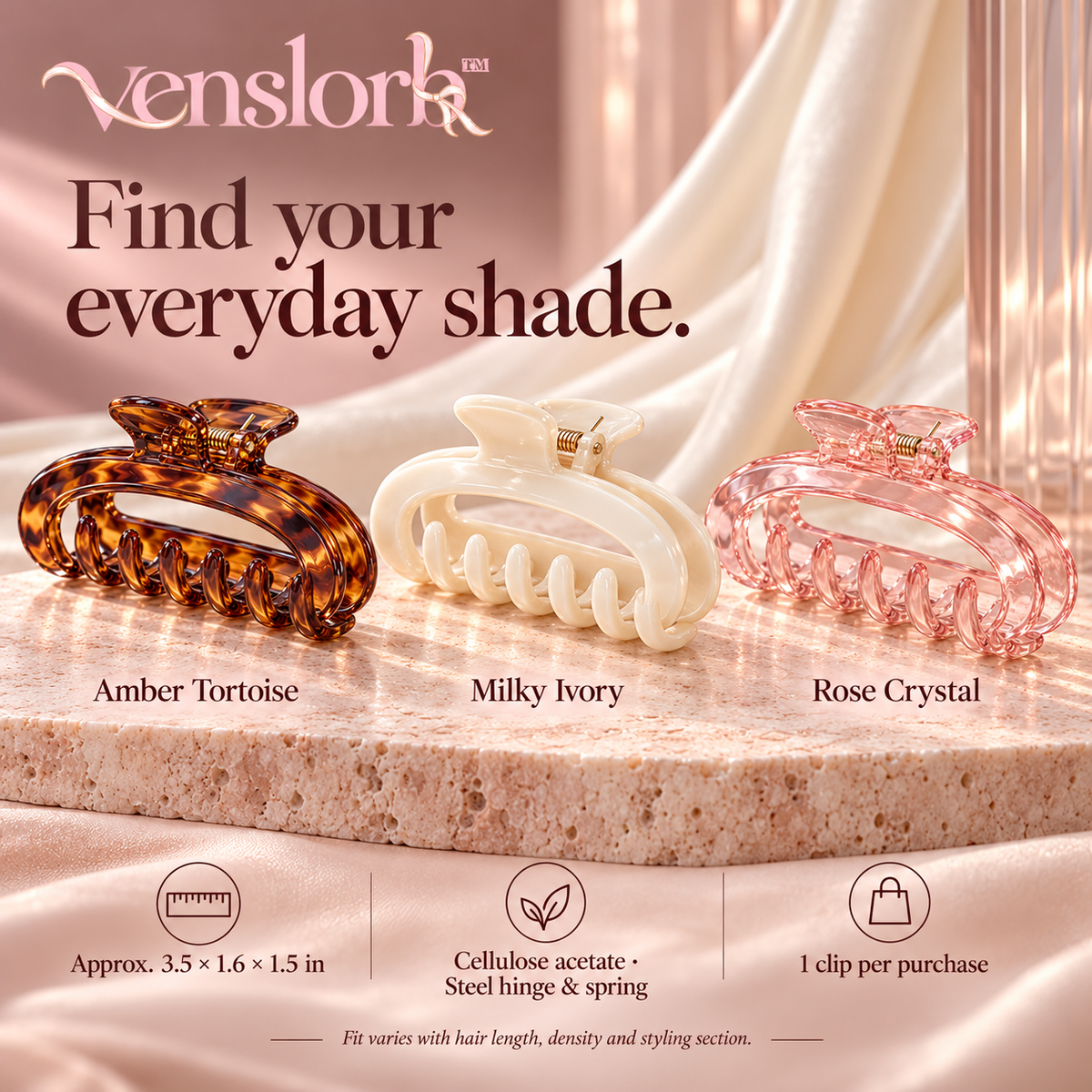 venslorb™ Arcform Acetate Claw Clip, 3.5-Inch Medium Hair Jaw Clip for Half-Up Styles & Everyday Twists