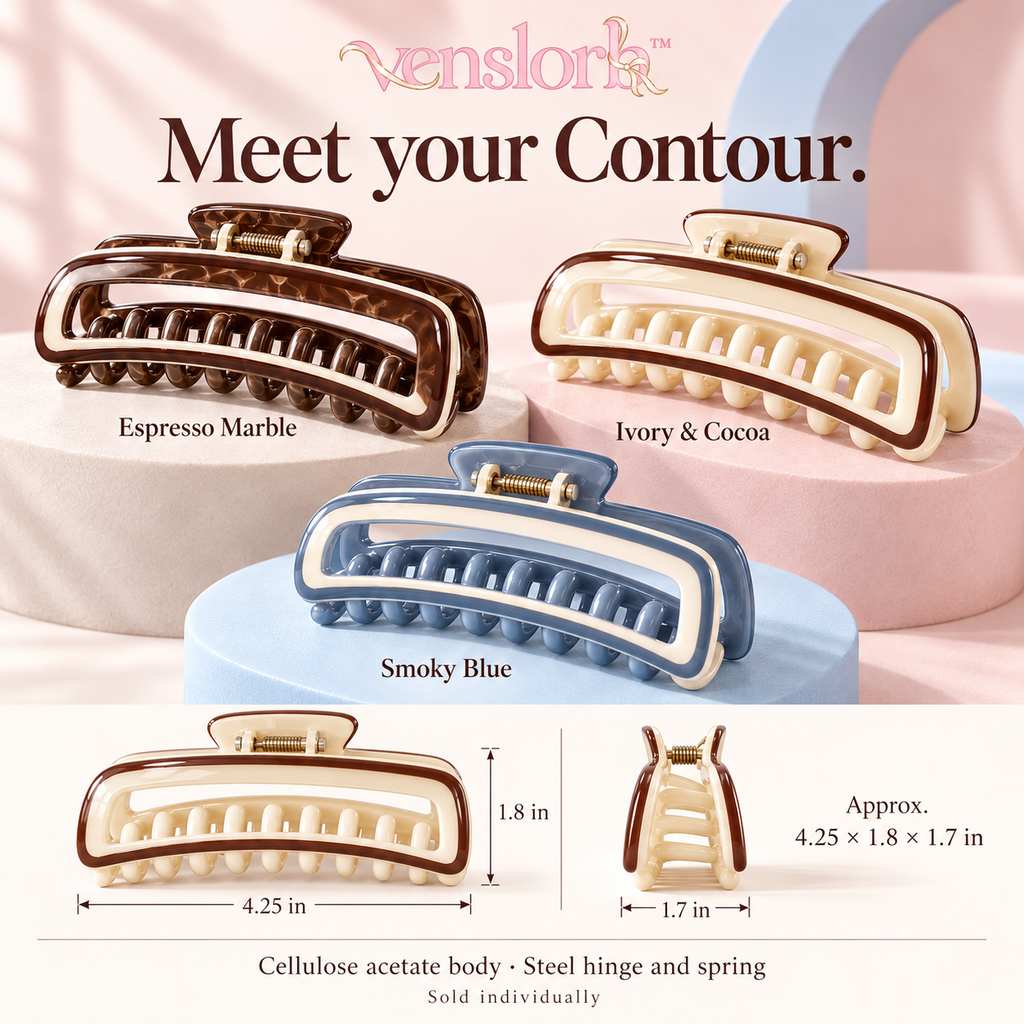 venslorb™ Contour Acetate Claw Clip, 4.25-Inch Large Rectangular Hair Clip for Long Hair, Updos & French Twists