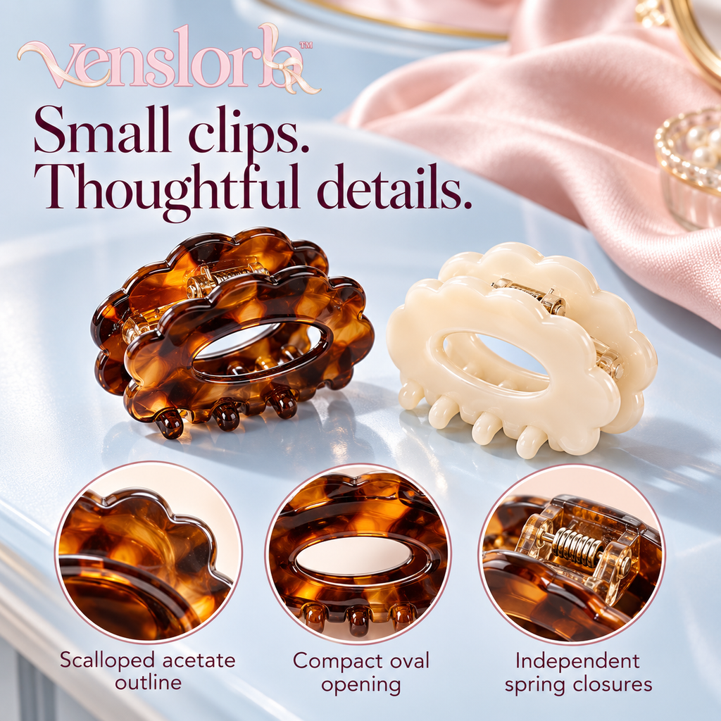 venslorb™ Petal Pair Mini Acetate Claw Clips, 2-Piece Small Hair Clip Set for Side Sections & Half-Up Hairstyles