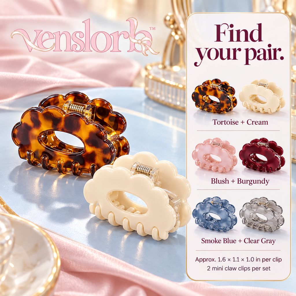 venslorb™ Petal Pair Mini Acetate Claw Clips, 2-Piece Small Hair Clip Set for Side Sections & Half-Up Hairstyles