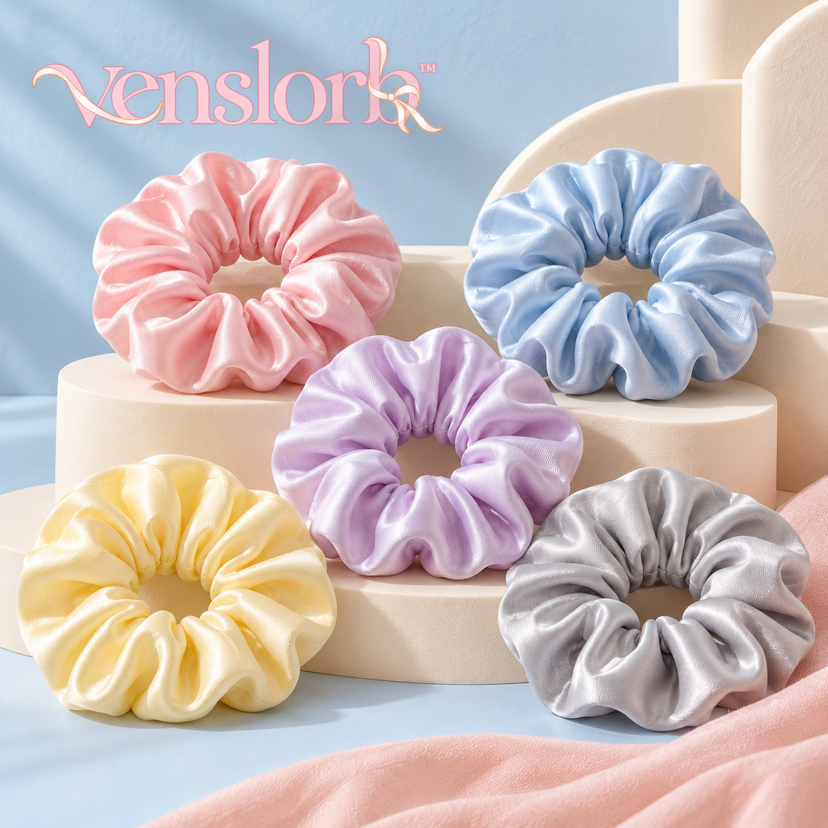 venslorb™ Softloop Satin Scrunchies, 5-Pack Standard Hair Ties for Ponytails, Buns & Everyday Styling