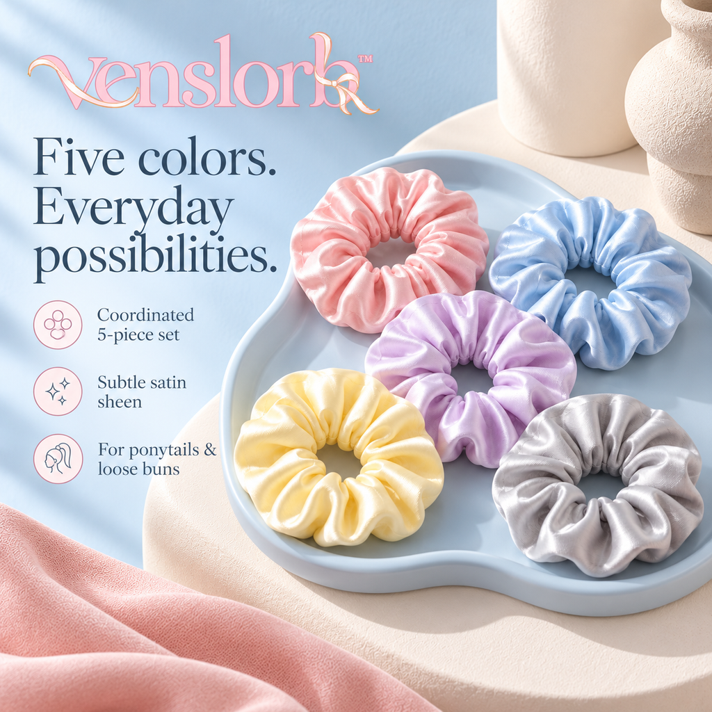 venslorb™ Softloop Satin Scrunchies, 5-Pack Standard Hair Ties for Ponytails, Buns & Everyday Styling