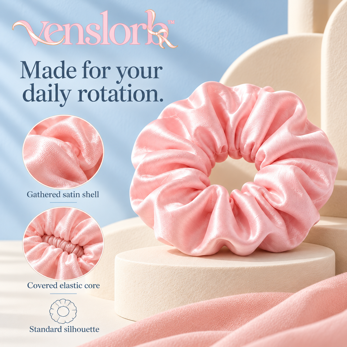 venslorb™ Softloop Satin Scrunchies, 5-Pack Standard Hair Ties for Ponytails, Buns & Everyday Styling