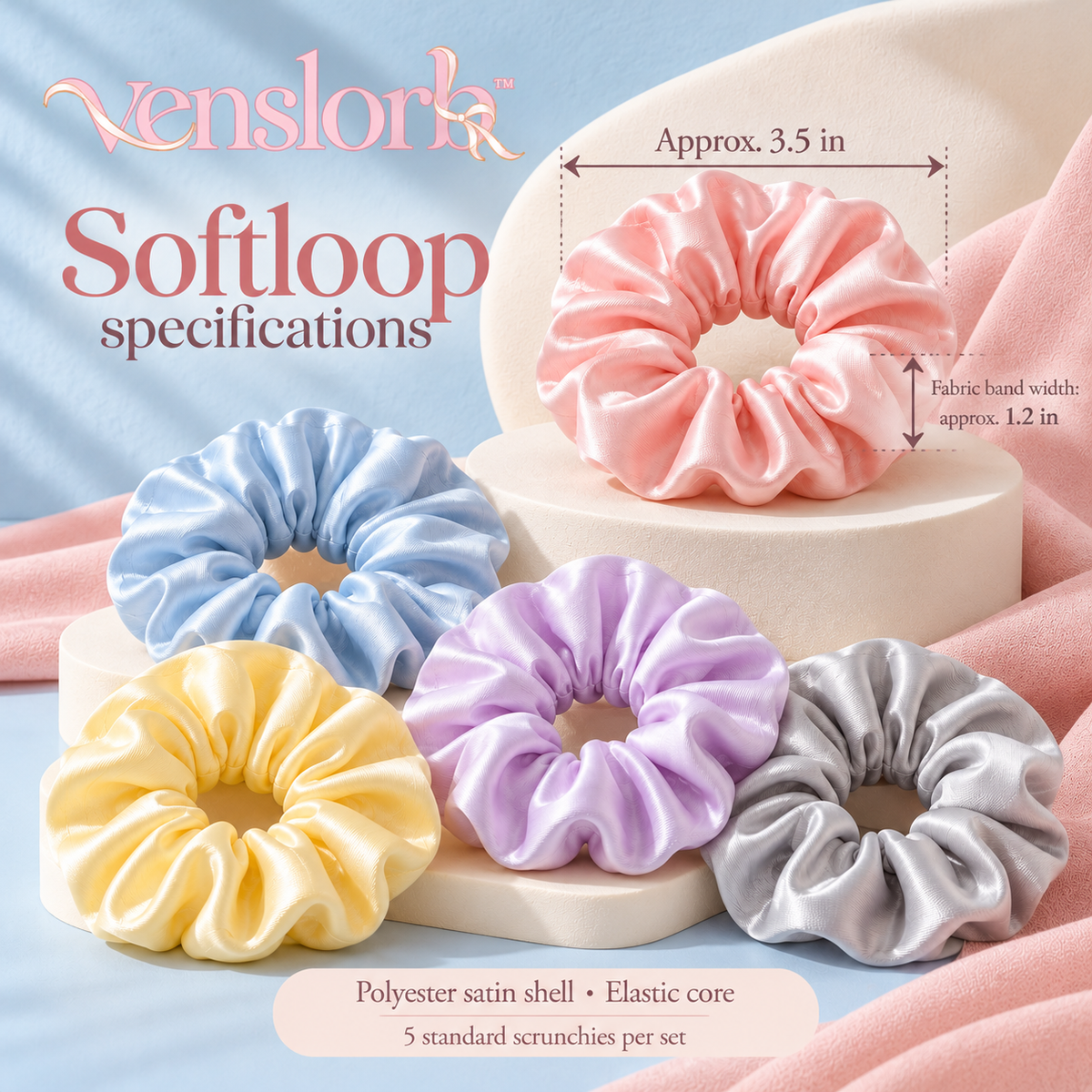 venslorb™ Softloop Satin Scrunchies, 5-Pack Standard Hair Ties for Ponytails, Buns & Everyday Styling