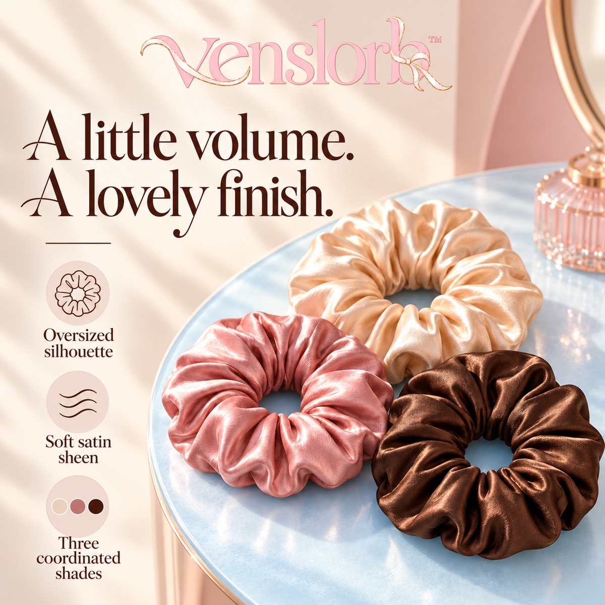 venslorb™ Airfold Oversized Satin Scrunchies, 3-Pack Large Fabric Hair Ties for Statement Ponytails & Loose Buns