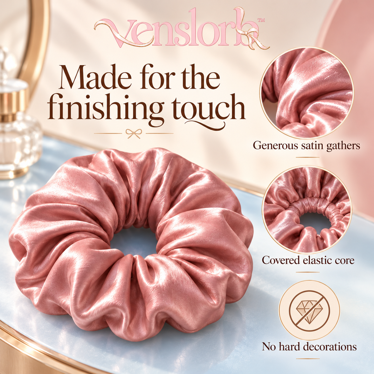venslorb™ Airfold Oversized Satin Scrunchies, 3-Pack Large Fabric Hair Ties for Statement Ponytails & Loose Buns