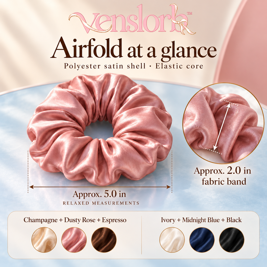 venslorb™ Airfold Oversized Satin Scrunchies, 3-Pack Large Fabric Hair Ties for Statement Ponytails & Loose Buns