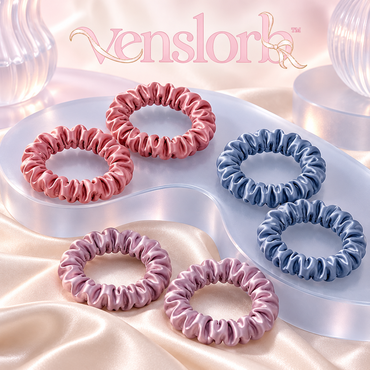venslorb™ Slimline Satin Scrunchies, 6-Pack Skinny Hair Ties for Small Ponytails, Braids & Half-Up Styles