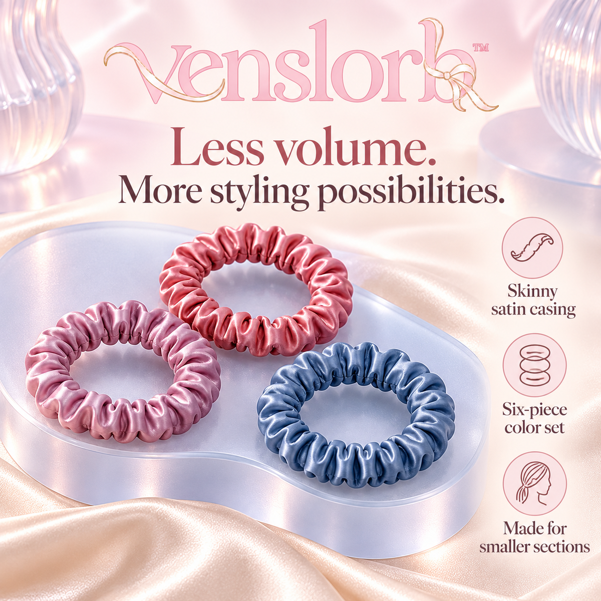 venslorb™ Slimline Satin Scrunchies, 6-Pack Skinny Hair Ties for Small Ponytails, Braids & Half-Up Styles