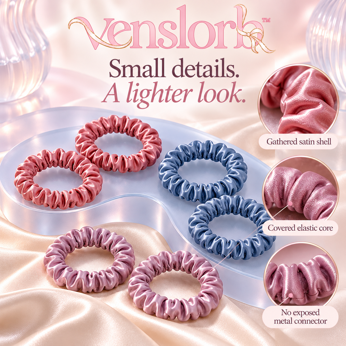 venslorb™ Slimline Satin Scrunchies, 6-Pack Skinny Hair Ties for Small Ponytails, Braids & Half-Up Styles