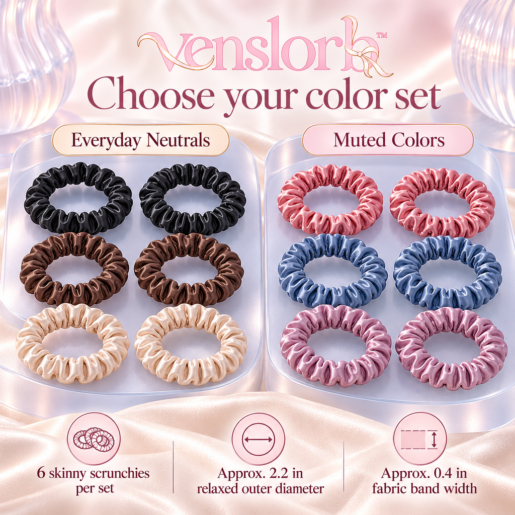 venslorb™ Slimline Satin Scrunchies, 6-Pack Skinny Hair Ties for Small Ponytails, Braids & Half-Up Styles