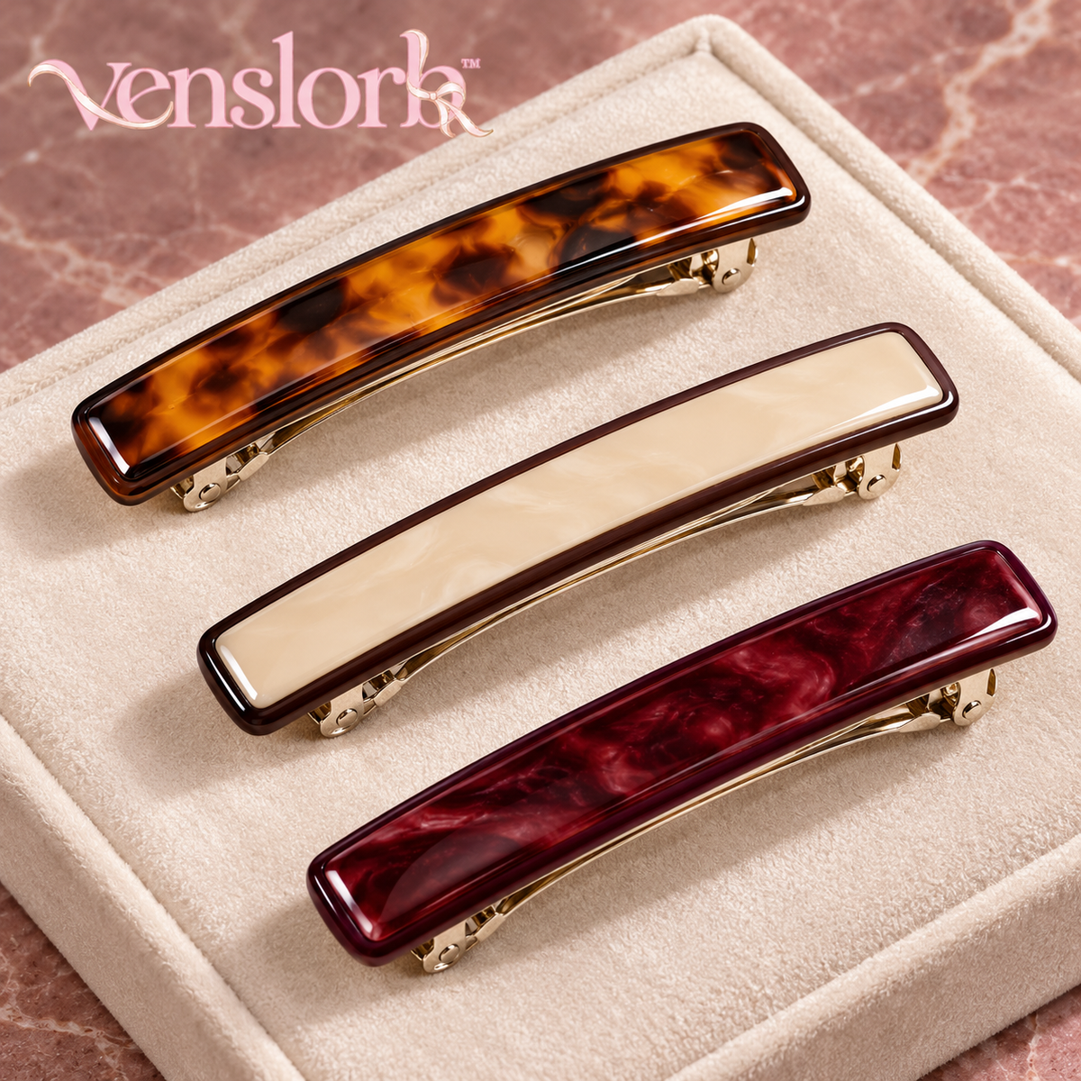 venslorb™ Linea Acetate French Barrette, 3.5-Inch Slim Rectangular Hair Clip for Half-Up Styles & Side Sections