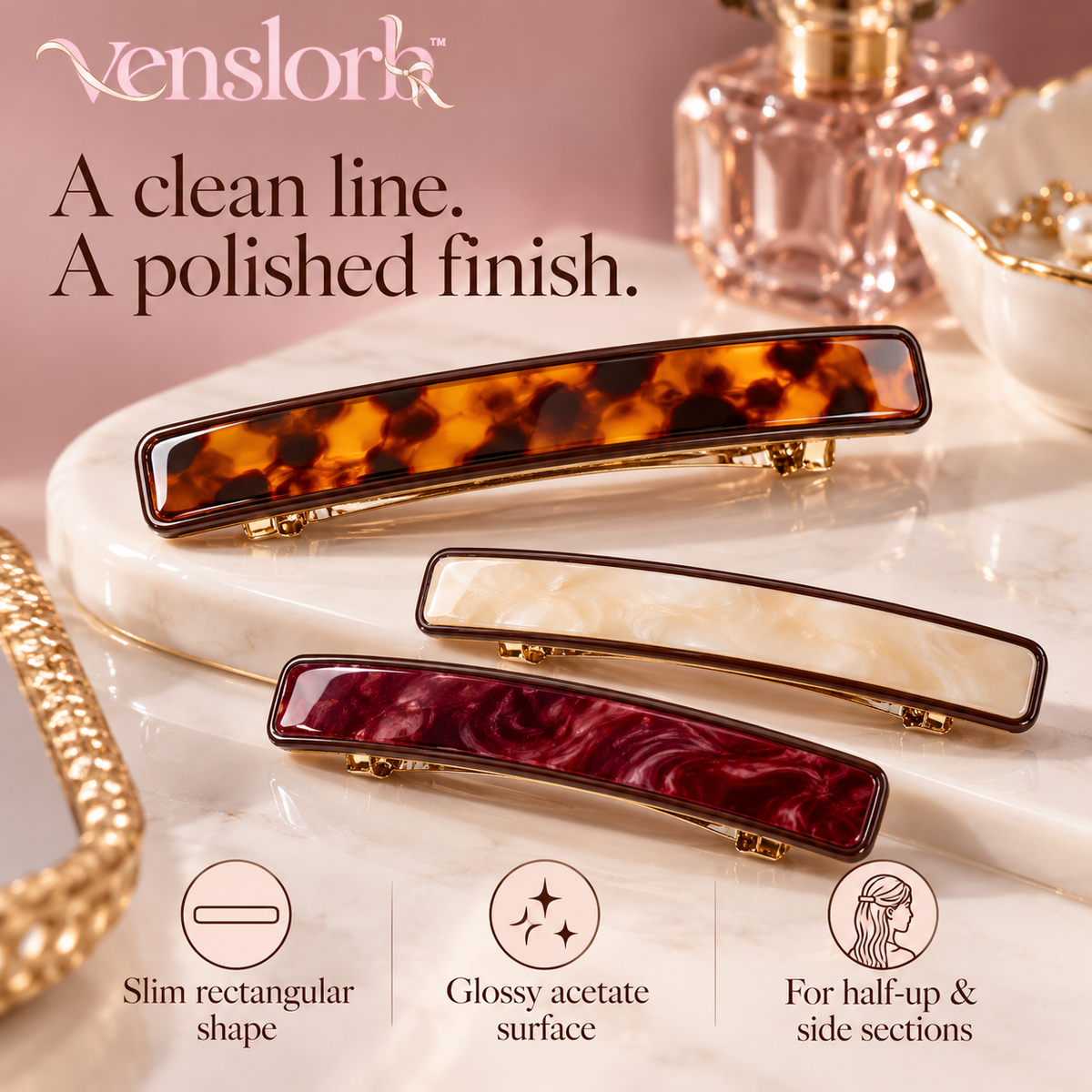 venslorb™ Linea Acetate French Barrette, 3.5-Inch Slim Rectangular Hair Clip for Half-Up Styles & Side Sections