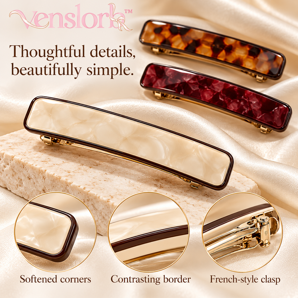 venslorb™ Linea Acetate French Barrette, 3.5-Inch Slim Rectangular Hair Clip for Half-Up Styles & Side Sections