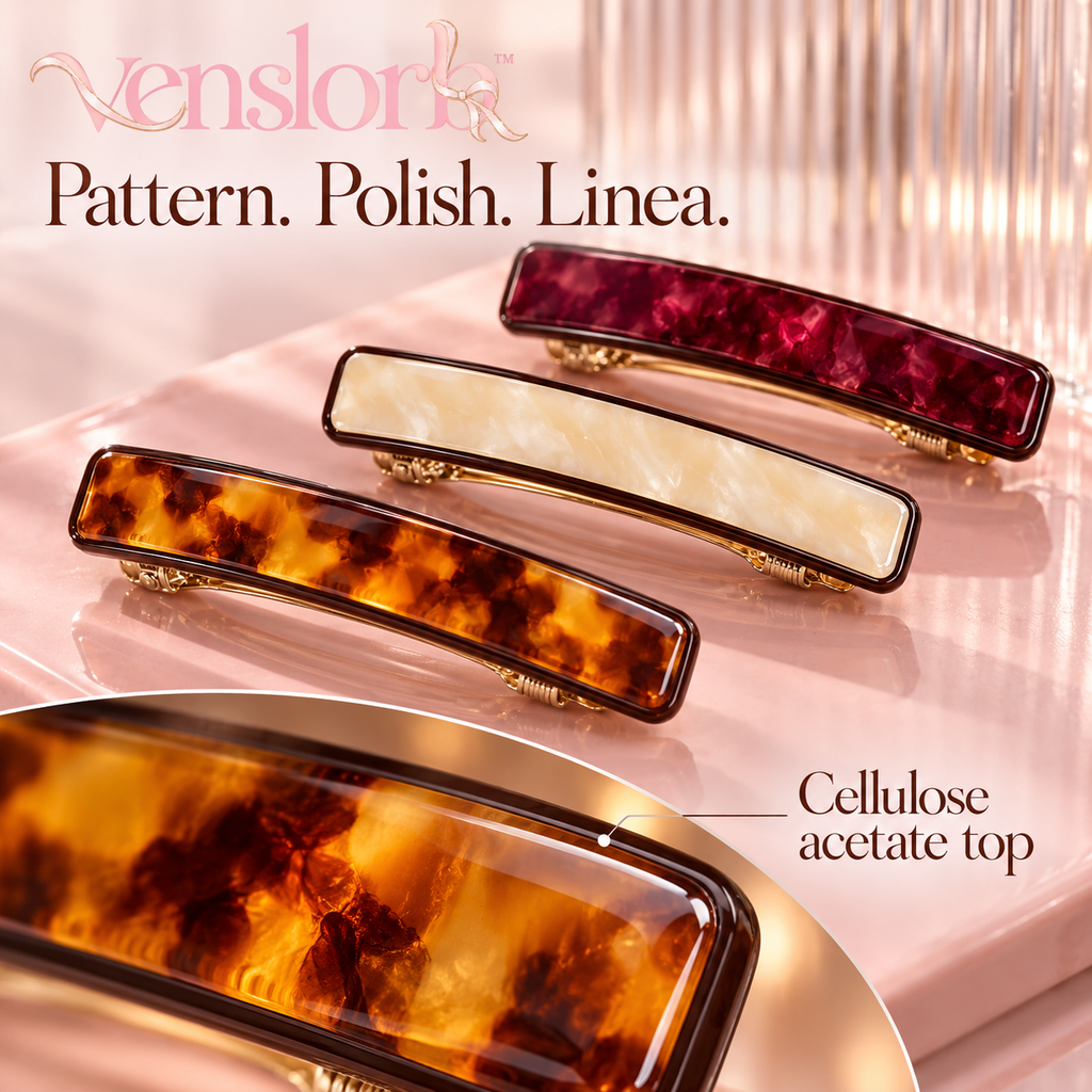 venslorb™ Linea Acetate French Barrette, 3.5-Inch Slim Rectangular Hair Clip for Half-Up Styles & Side Sections