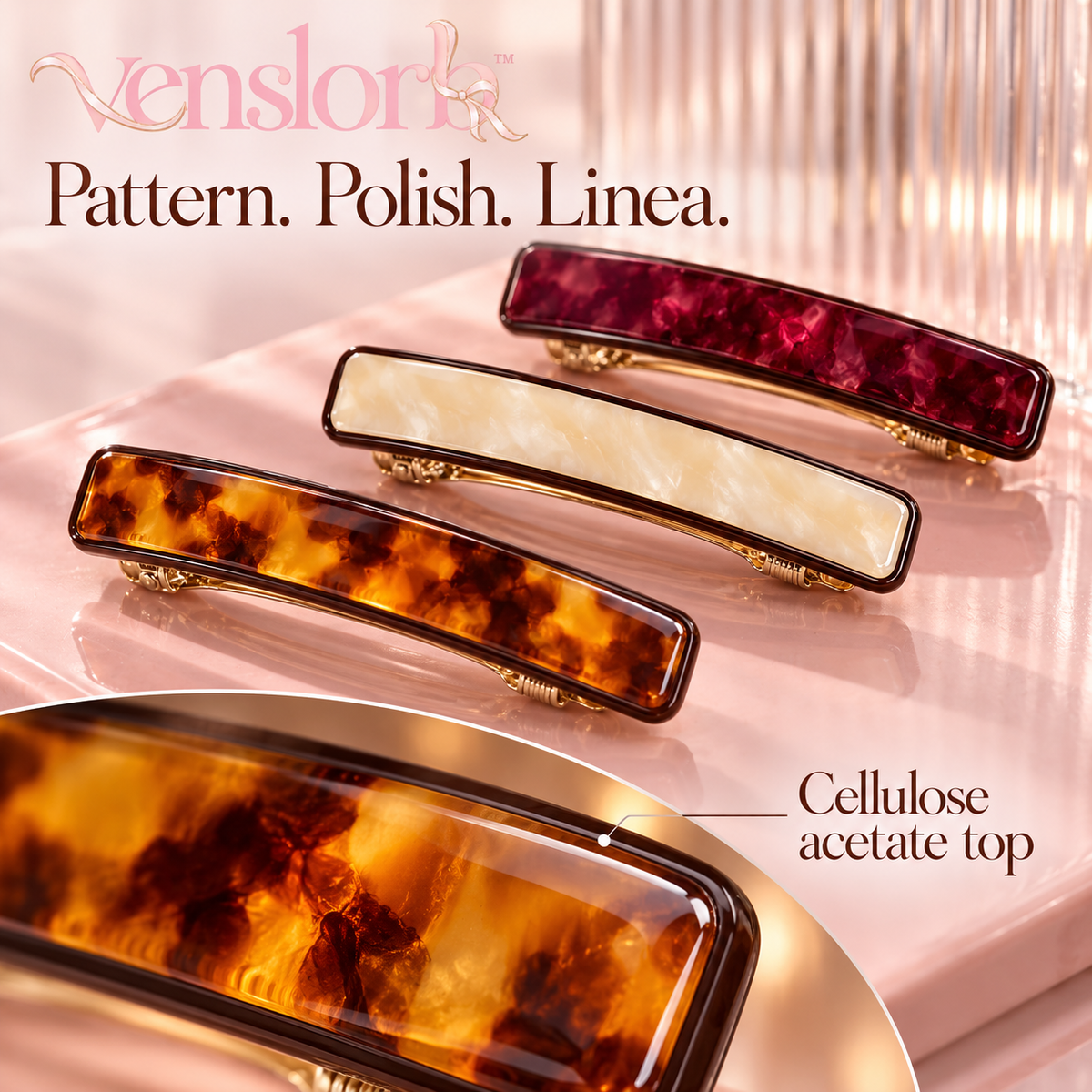 venslorb™ Linea Acetate French Barrette, 3.5-Inch Slim Rectangular Hair Clip for Half-Up Styles & Side Sections