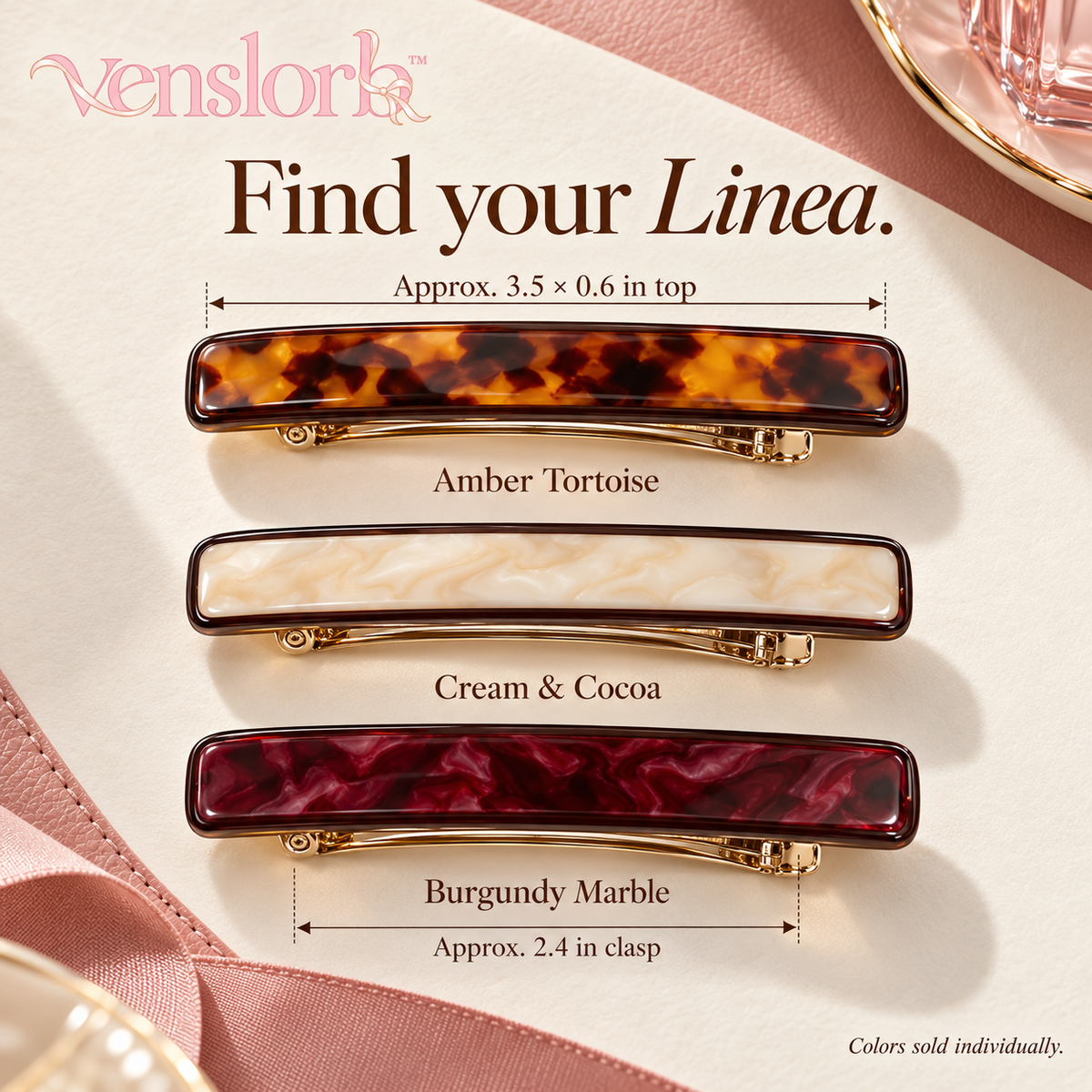 venslorb™ Linea Acetate French Barrette, 3.5-Inch Slim Rectangular Hair Clip for Half-Up Styles & Side Sections