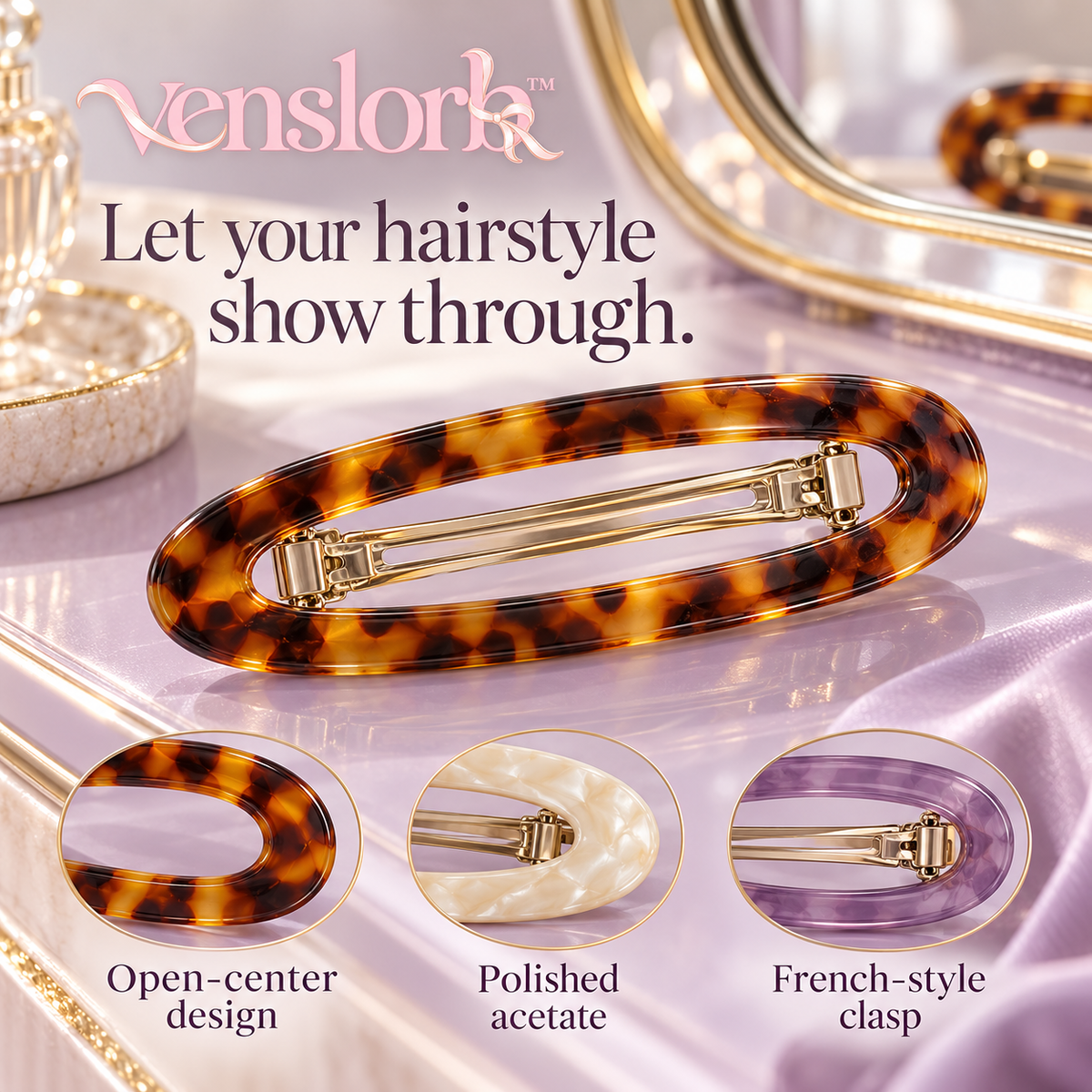 venslorb™ Oval Frame French Barrette, 3.2-Inch Open-Center Acetate Hair Clip for Everyday Half-Up Hairstyles