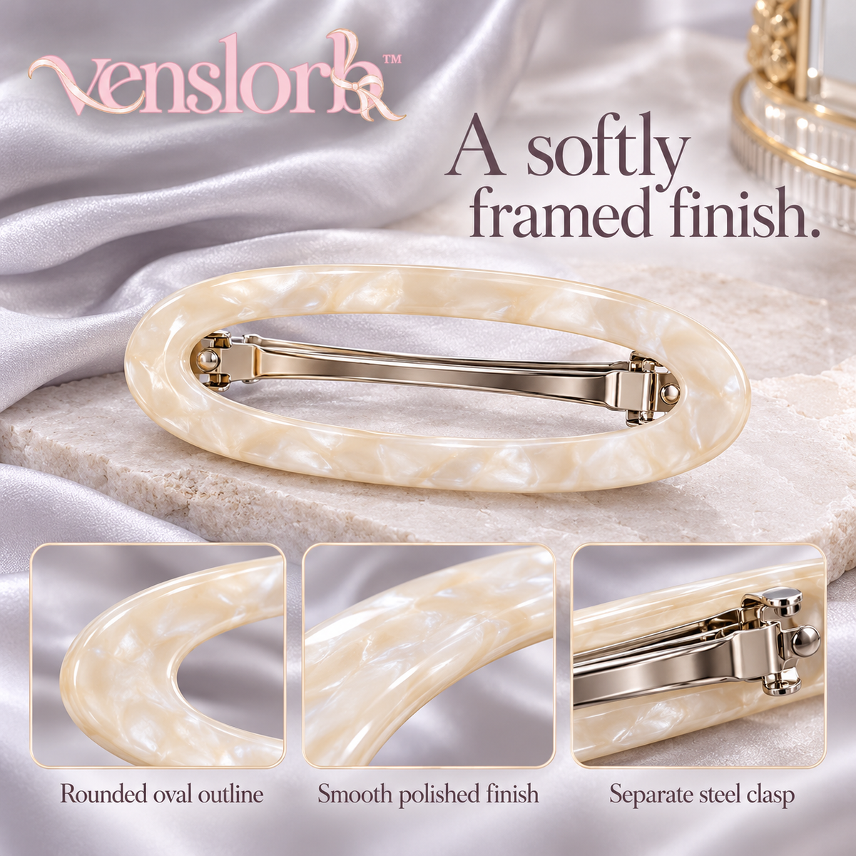 venslorb™ Oval Frame French Barrette, 3.2-Inch Open-Center Acetate Hair Clip for Everyday Half-Up Hairstyles