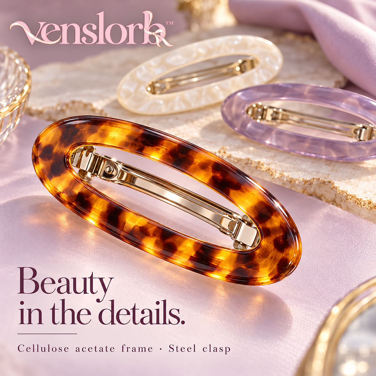 venslorb™ Oval Frame French Barrette, 3.2-Inch Open-Center Acetate Hair Clip for Everyday Half-Up Hairstyles