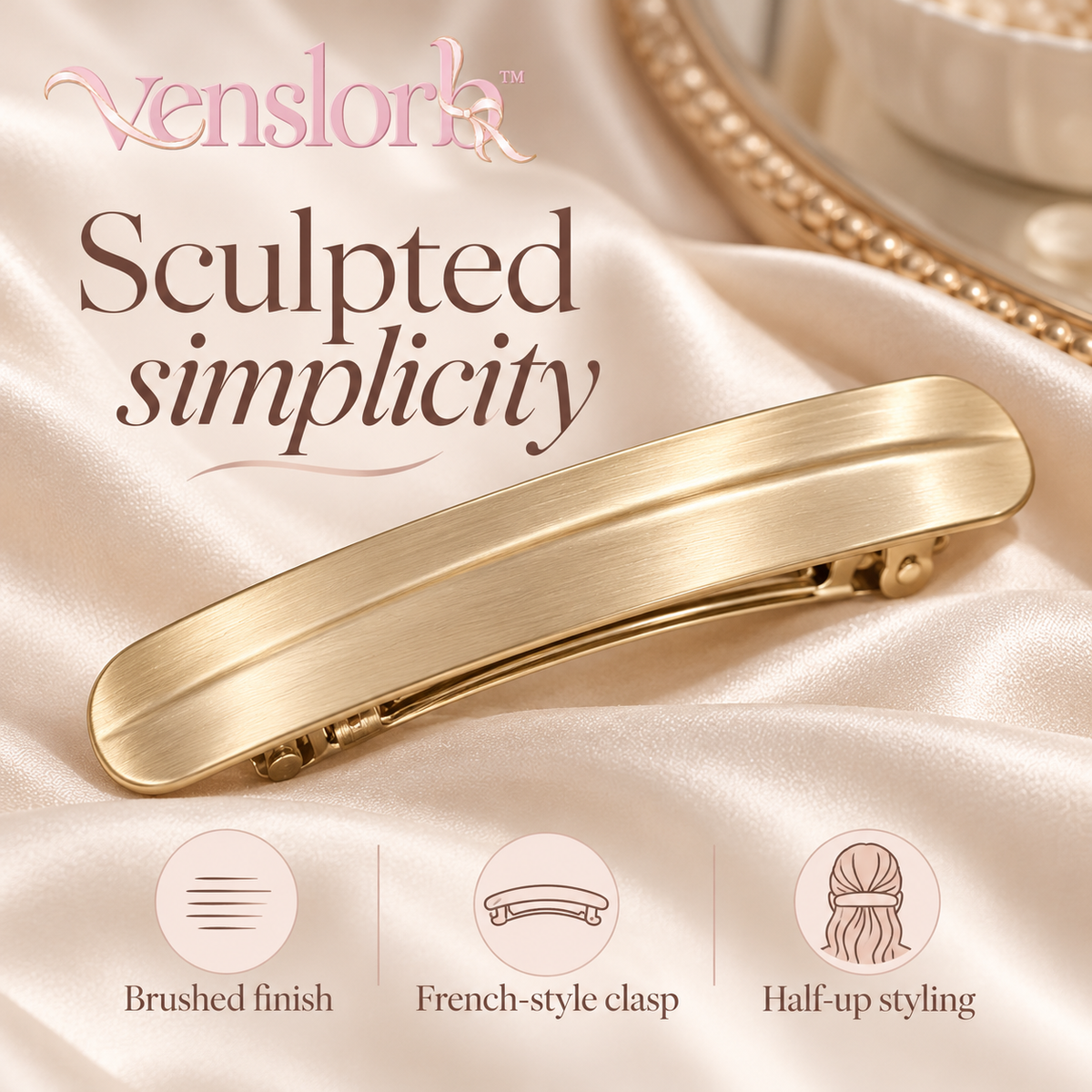 venslorb™ Foldline French Barrette, 3.7-Inch Brushed Metal Hair Clip with Sculpted Fold Detail for Half-Up Styling