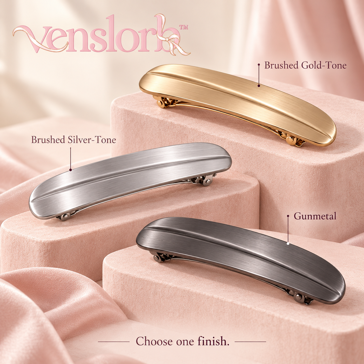 venslorb™ Foldline French Barrette, 3.7-Inch Brushed Metal Hair Clip with Sculpted Fold Detail for Half-Up Styling