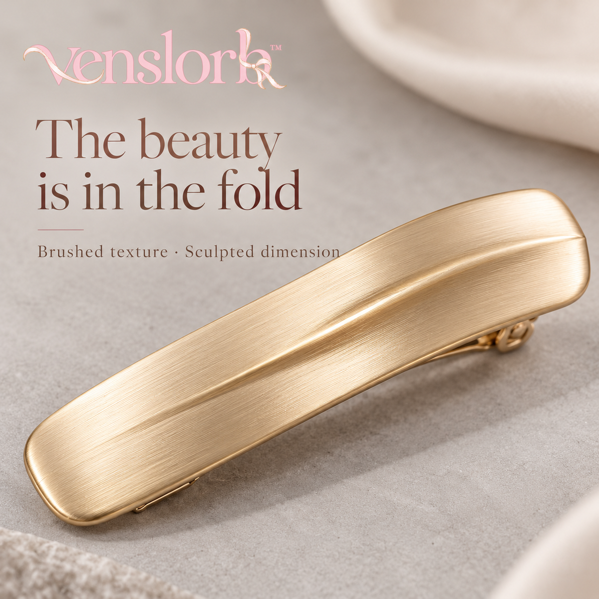venslorb™ Foldline French Barrette, 3.7-Inch Brushed Metal Hair Clip with Sculpted Fold Detail for Half-Up Styling