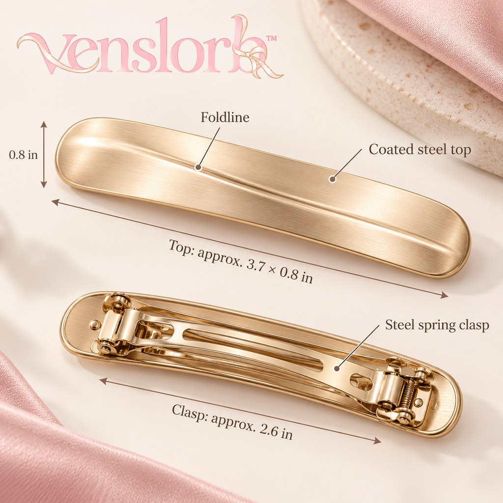 venslorb™ Foldline French Barrette, 3.7-Inch Brushed Metal Hair Clip with Sculpted Fold Detail for Half-Up Styling