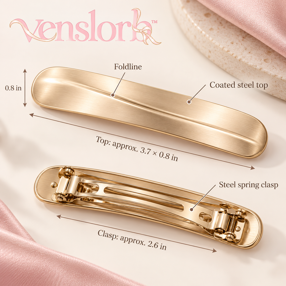 venslorb™ Foldline French Barrette, 3.7-Inch Brushed Metal Hair Clip with Sculpted Fold Detail for Half-Up Styling