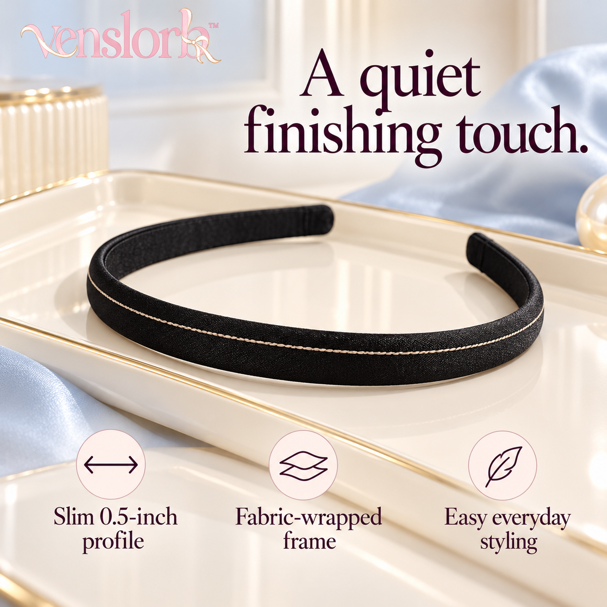 venslorb™ Narrowline Fabric-Wrapped Headband, 0.5-Inch Slim Hair Band for Everyday Adult Hairstyles