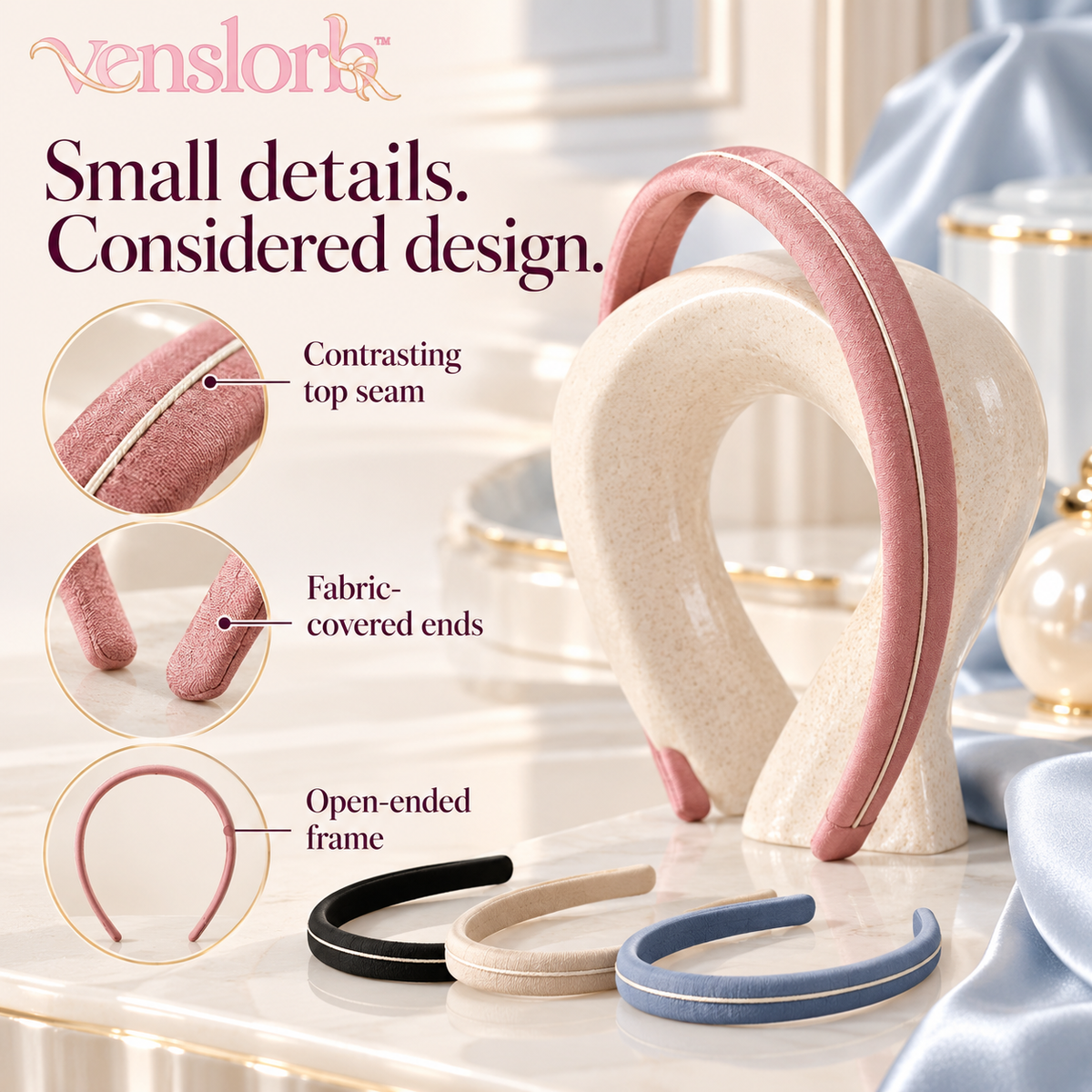 venslorb™ Narrowline Fabric-Wrapped Headband, 0.5-Inch Slim Hair Band for Everyday Adult Hairstyles