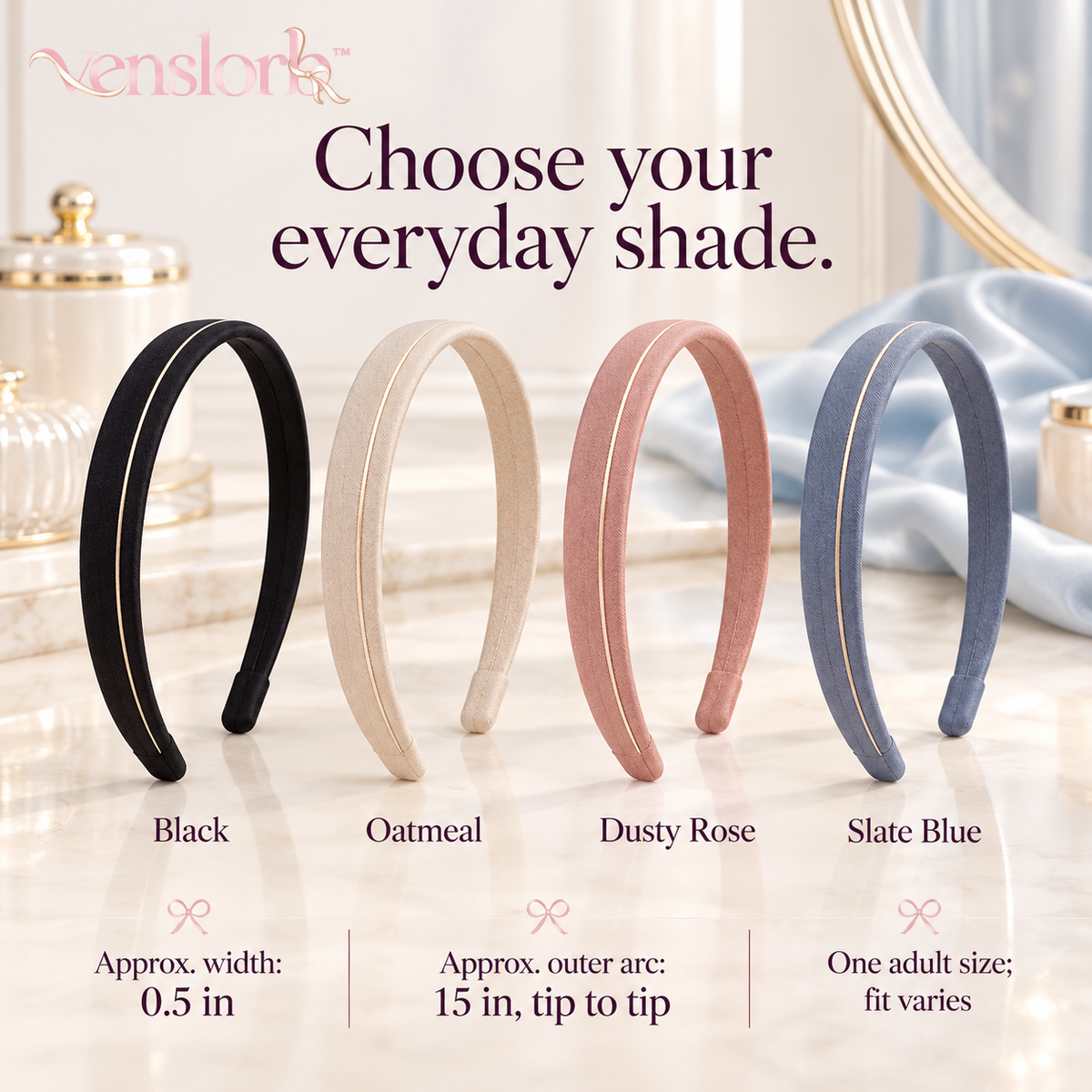 venslorb™ Narrowline Fabric-Wrapped Headband, 0.5-Inch Slim Hair Band for Everyday Adult Hairstyles