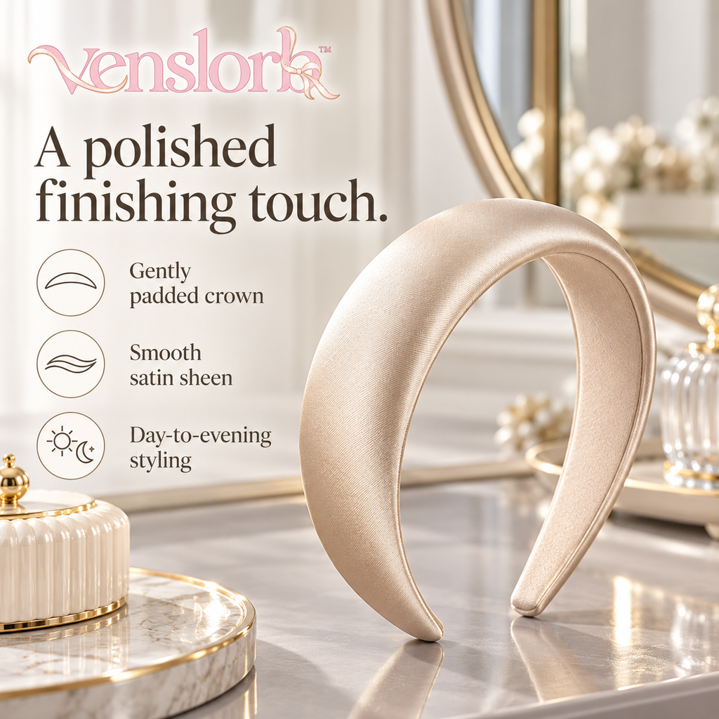 venslorb™ Softcrest Padded Satin Headband, 1.2-Inch Fabric Hair Band for Everyday & Occasion Styling