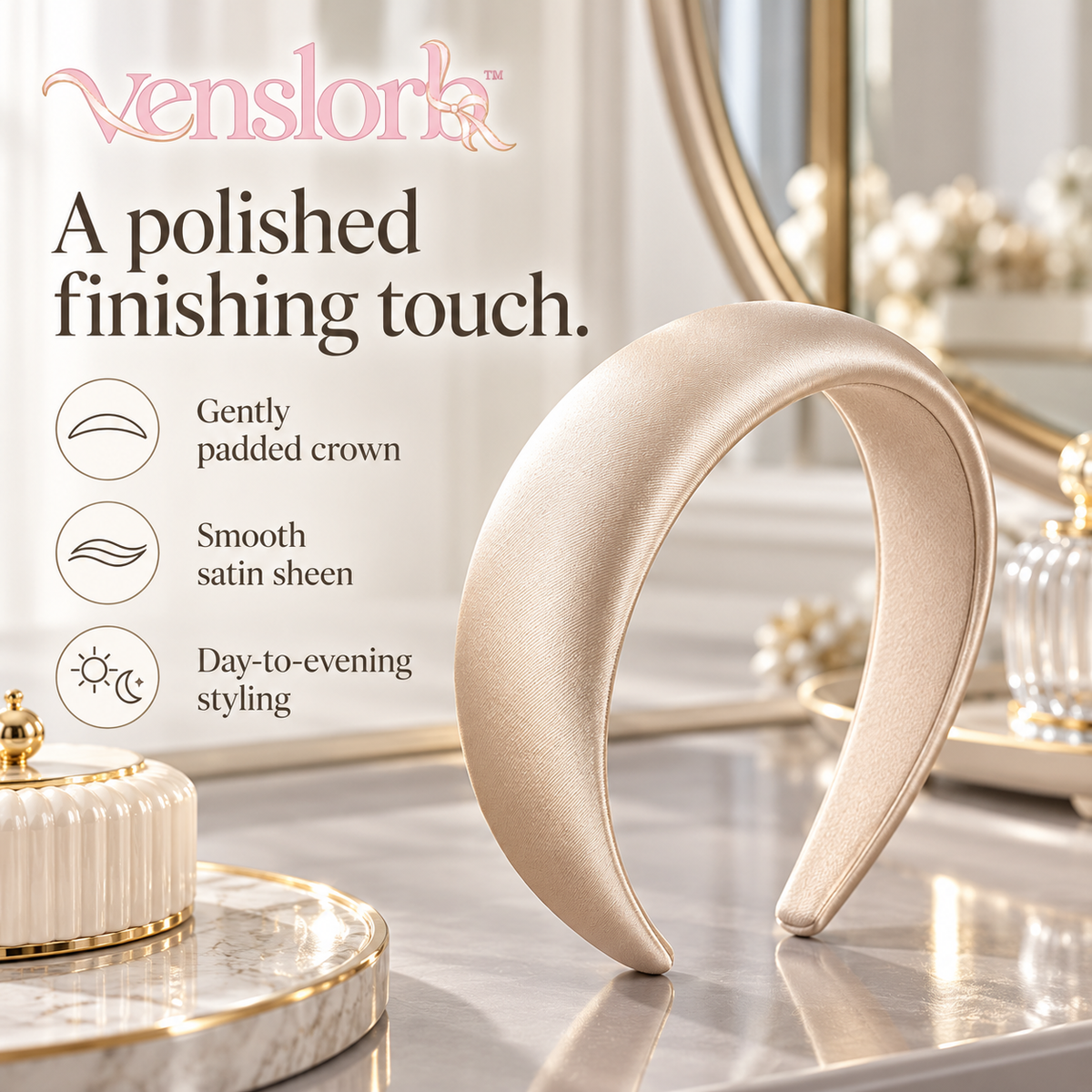 venslorb™ Softcrest Padded Satin Headband, 1.2-Inch Fabric Hair Band for Everyday & Occasion Styling