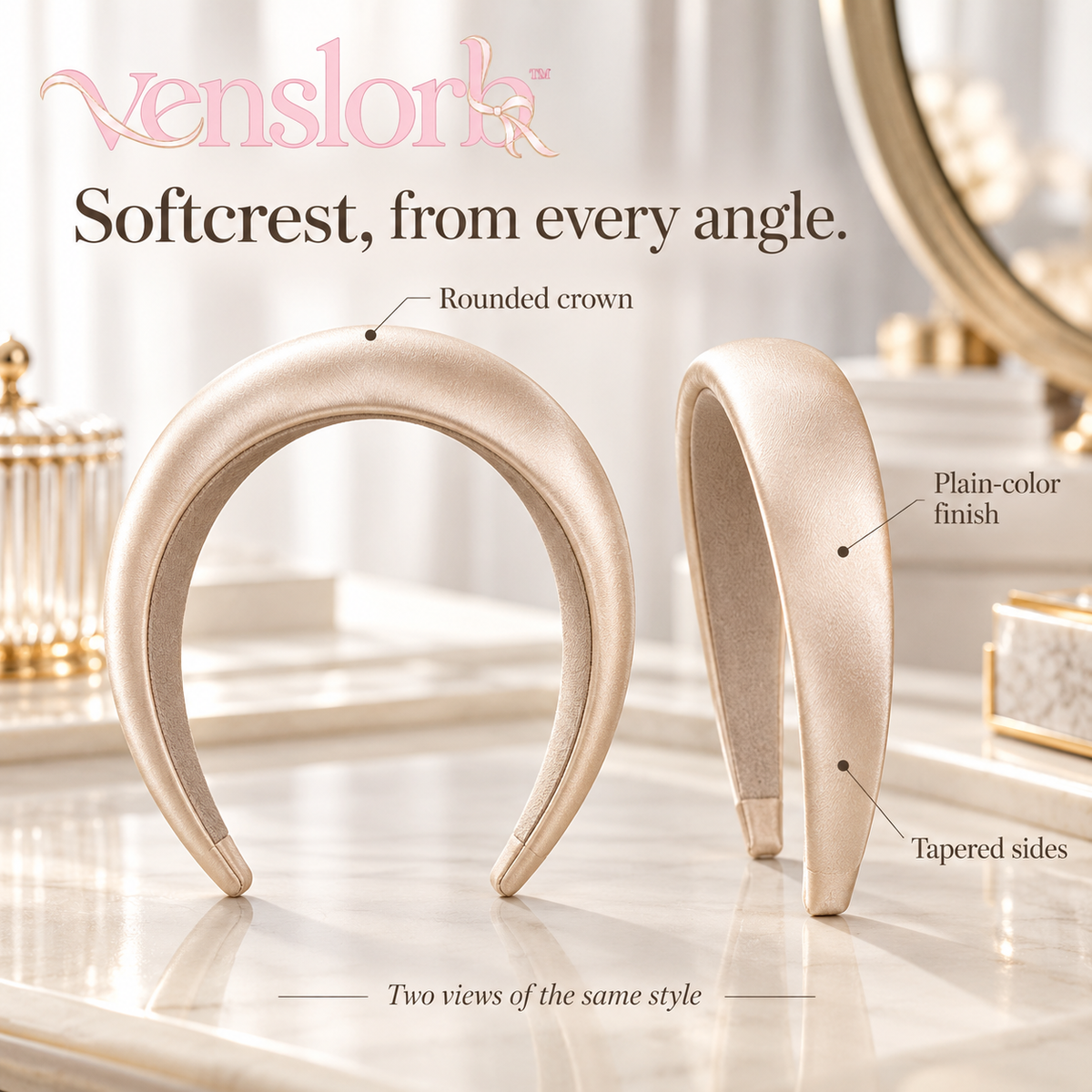 venslorb™ Softcrest Padded Satin Headband, 1.2-Inch Fabric Hair Band for Everyday & Occasion Styling