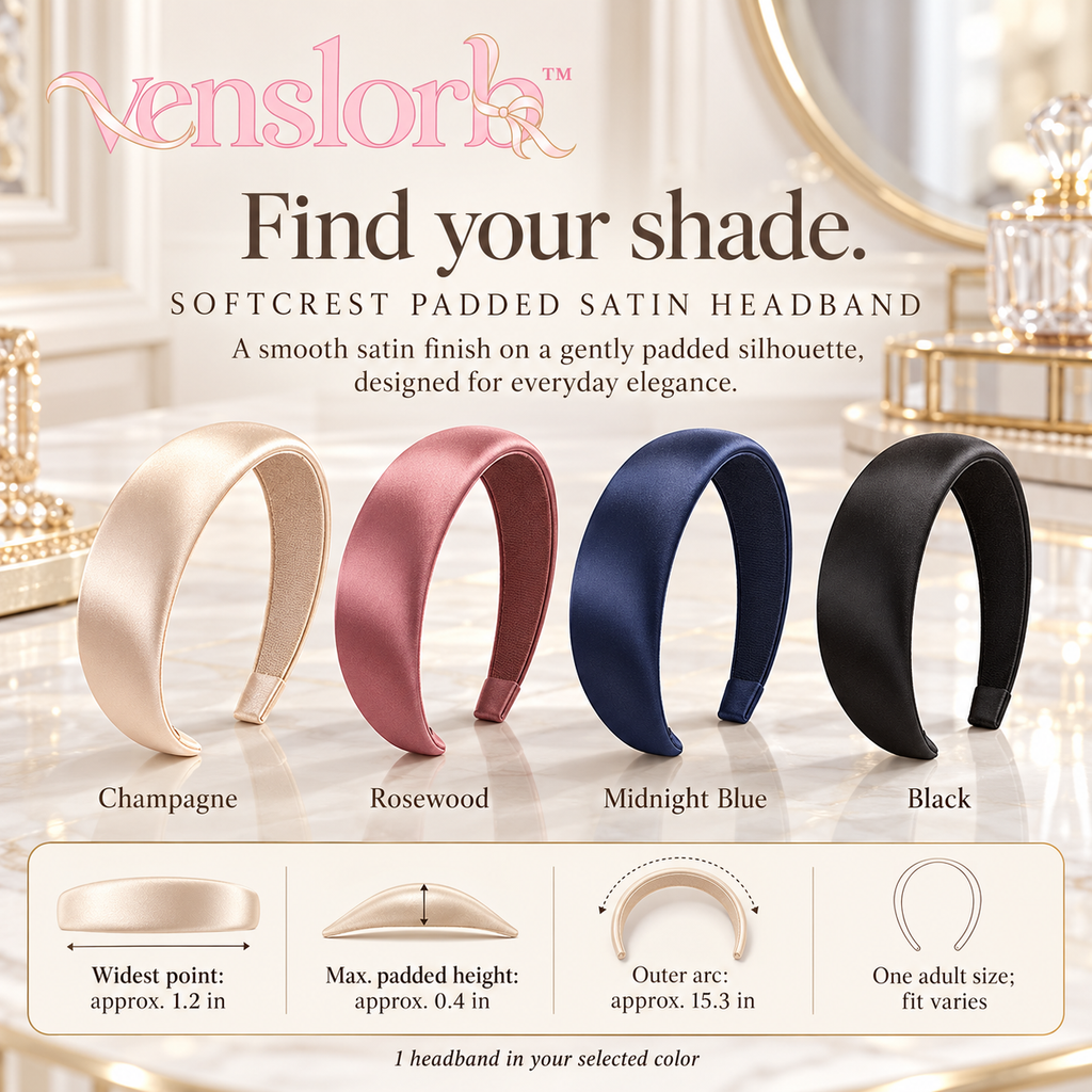 venslorb™ Softcrest Padded Satin Headband, 1.2-Inch Fabric Hair Band for Everyday & Occasion Styling