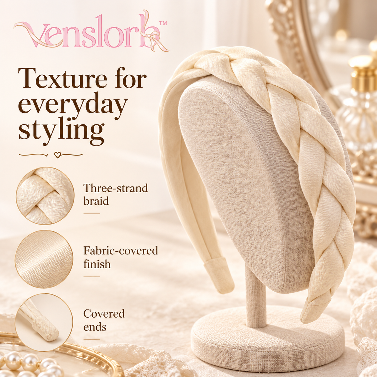 venslorb™ Woven Arc Braided Headband, 1.4-Inch Fabric Hair Band with Covered Ends for Adult Everyday Styling