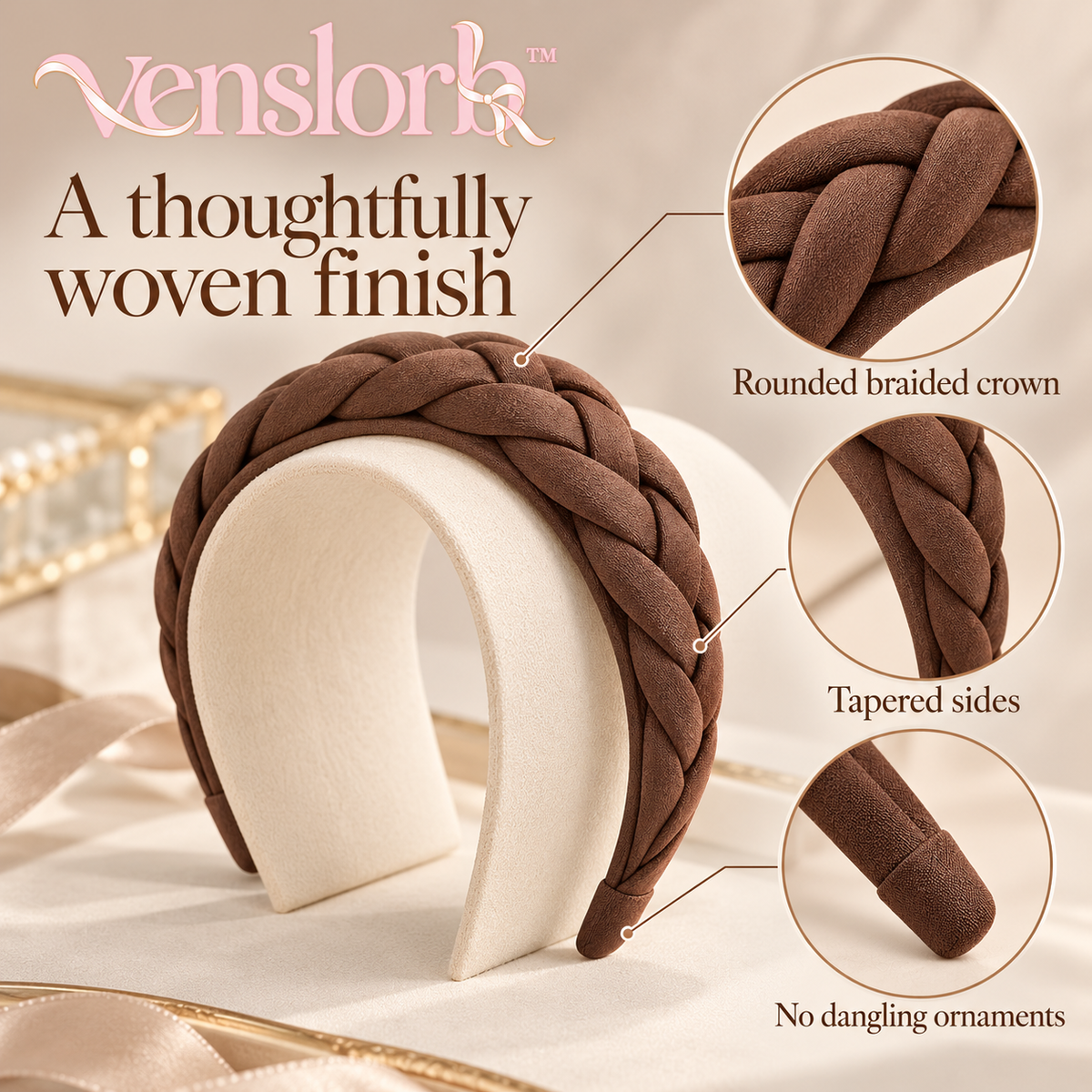 venslorb™ Woven Arc Braided Headband, 1.4-Inch Fabric Hair Band with Covered Ends for Adult Everyday Styling