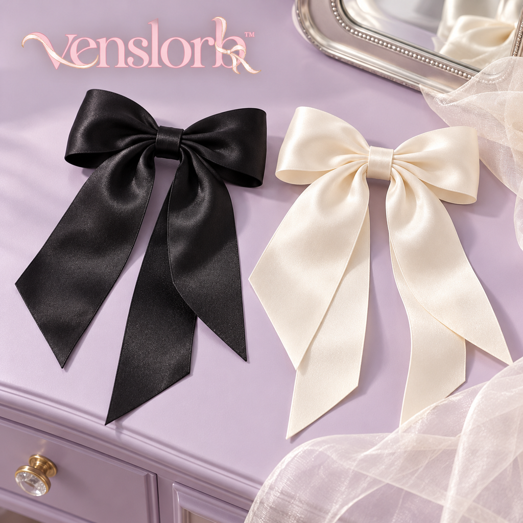 venslorb™ Ribbonfall Long-Tail Satin Bow Hair Clips, 2-Piece Adult Hair Accessory Set for Ponytails & Half-Up Styles