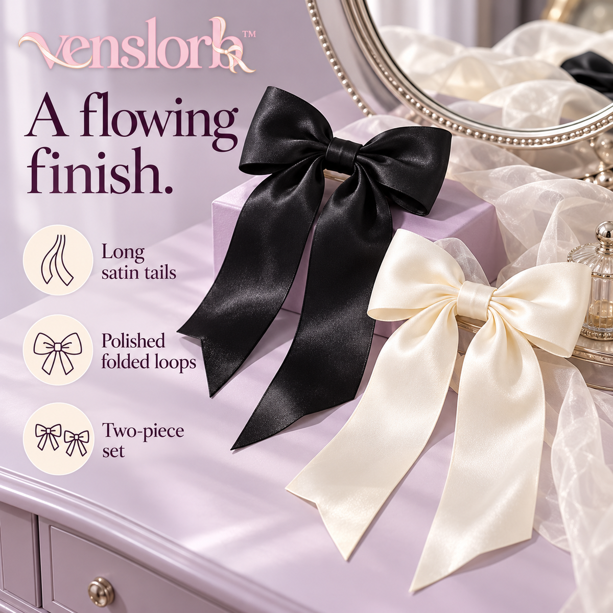 venslorb™ Ribbonfall Long-Tail Satin Bow Hair Clips, 2-Piece Adult Hair Accessory Set for Ponytails & Half-Up Styles