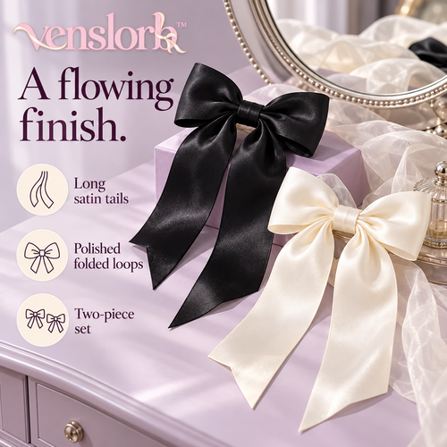 venslorb™ Ribbonfall Long-Tail Satin Bow Hair Clips, 2-Piece Adult Hair Accessory Set for Ponytails & Half-Up Styles