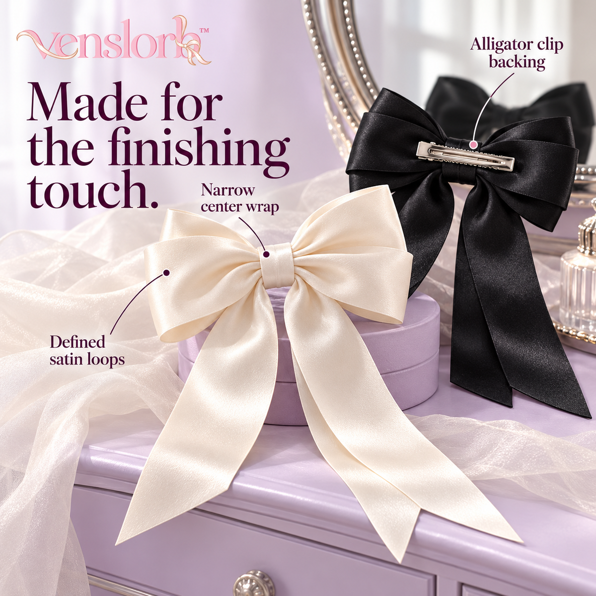 venslorb™ Ribbonfall Long-Tail Satin Bow Hair Clips, 2-Piece Adult Hair Accessory Set for Ponytails & Half-Up Styles