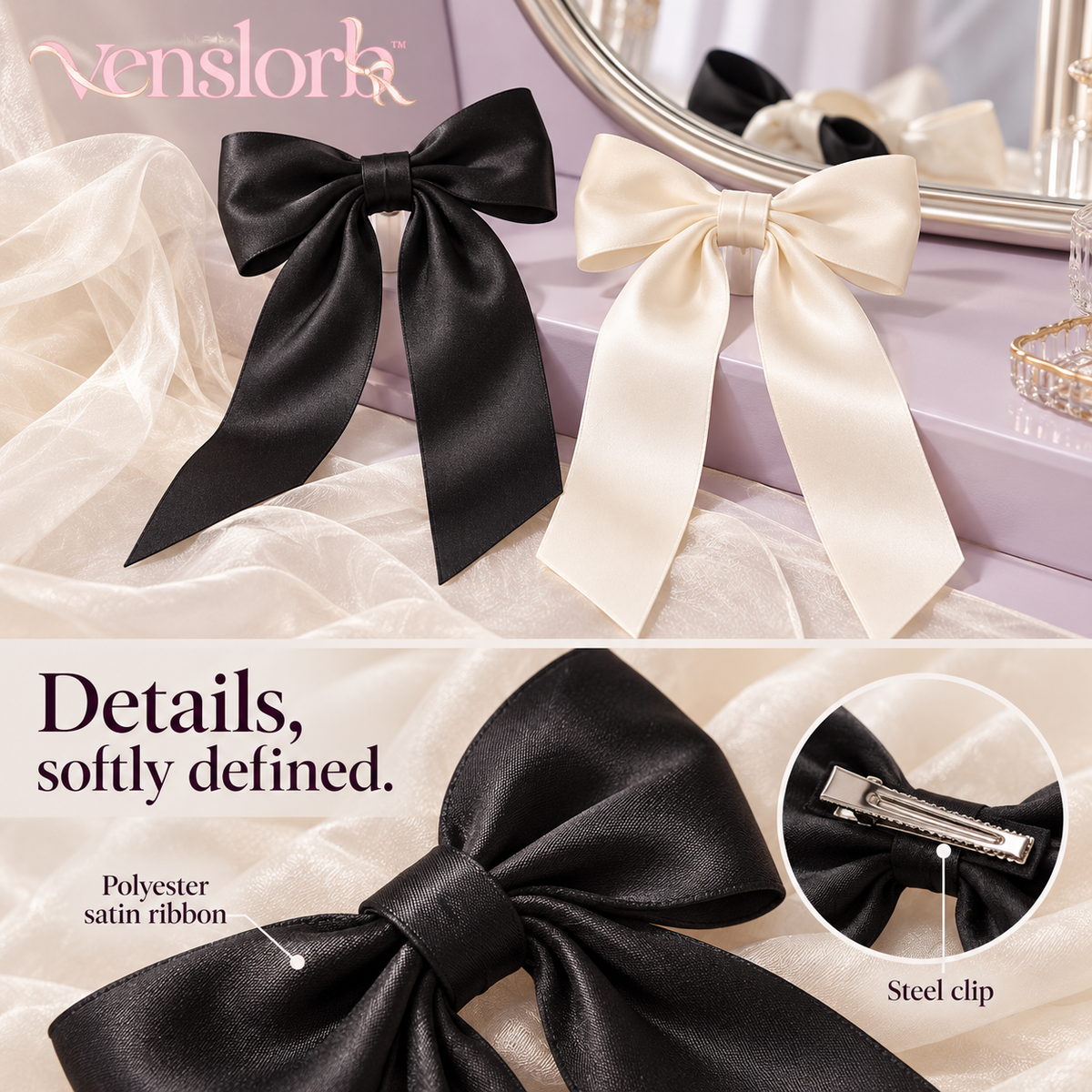 venslorb™ Ribbonfall Long-Tail Satin Bow Hair Clips, 2-Piece Adult Hair Accessory Set for Ponytails & Half-Up Styles