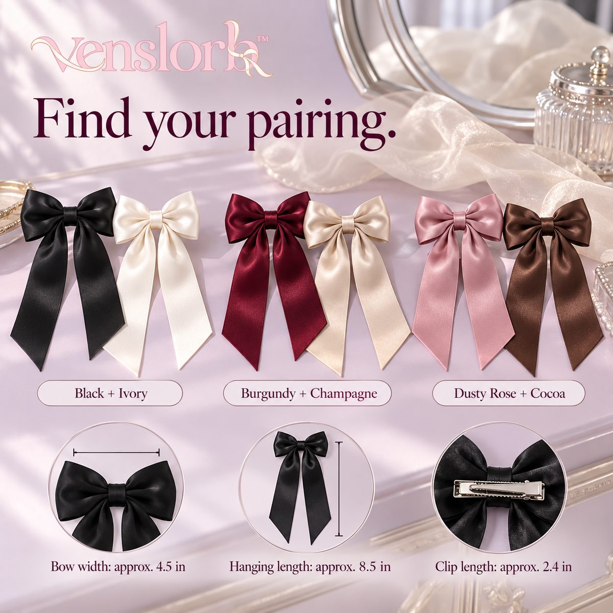 venslorb™ Ribbonfall Long-Tail Satin Bow Hair Clips, 2-Piece Adult Hair Accessory Set for Ponytails & Half-Up Styles
