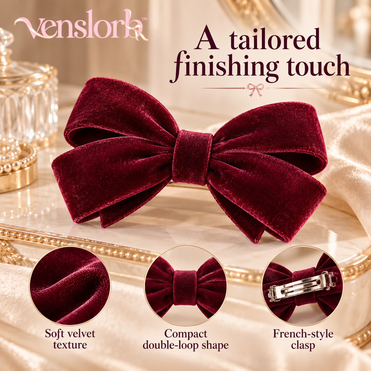 venslorb™ Velvet Poise Bow Barrette, 4.5-Inch Adult Velvet Hair Bow with French-Style Clasp for Half-Up Hairstyles