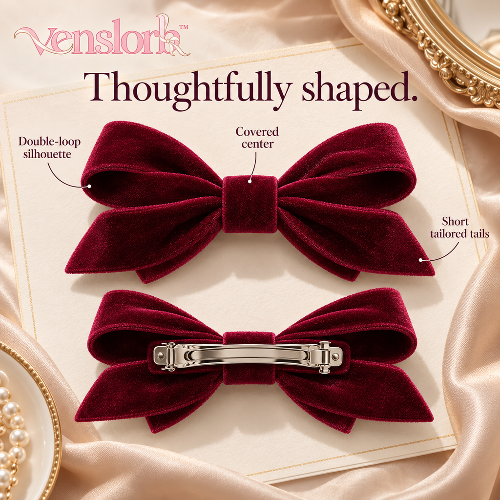 venslorb™ Velvet Poise Bow Barrette, 4.5-Inch Adult Velvet Hair Bow with French-Style Clasp for Half-Up Hairstyles