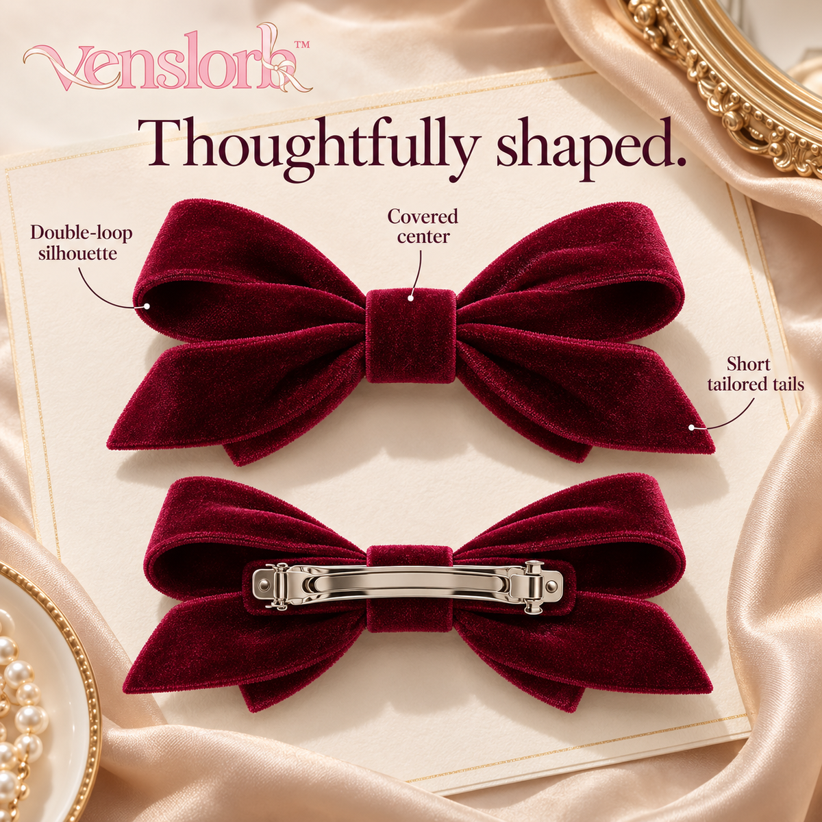 venslorb™ Velvet Poise Bow Barrette, 4.5-Inch Adult Velvet Hair Bow with French-Style Clasp for Half-Up Hairstyles