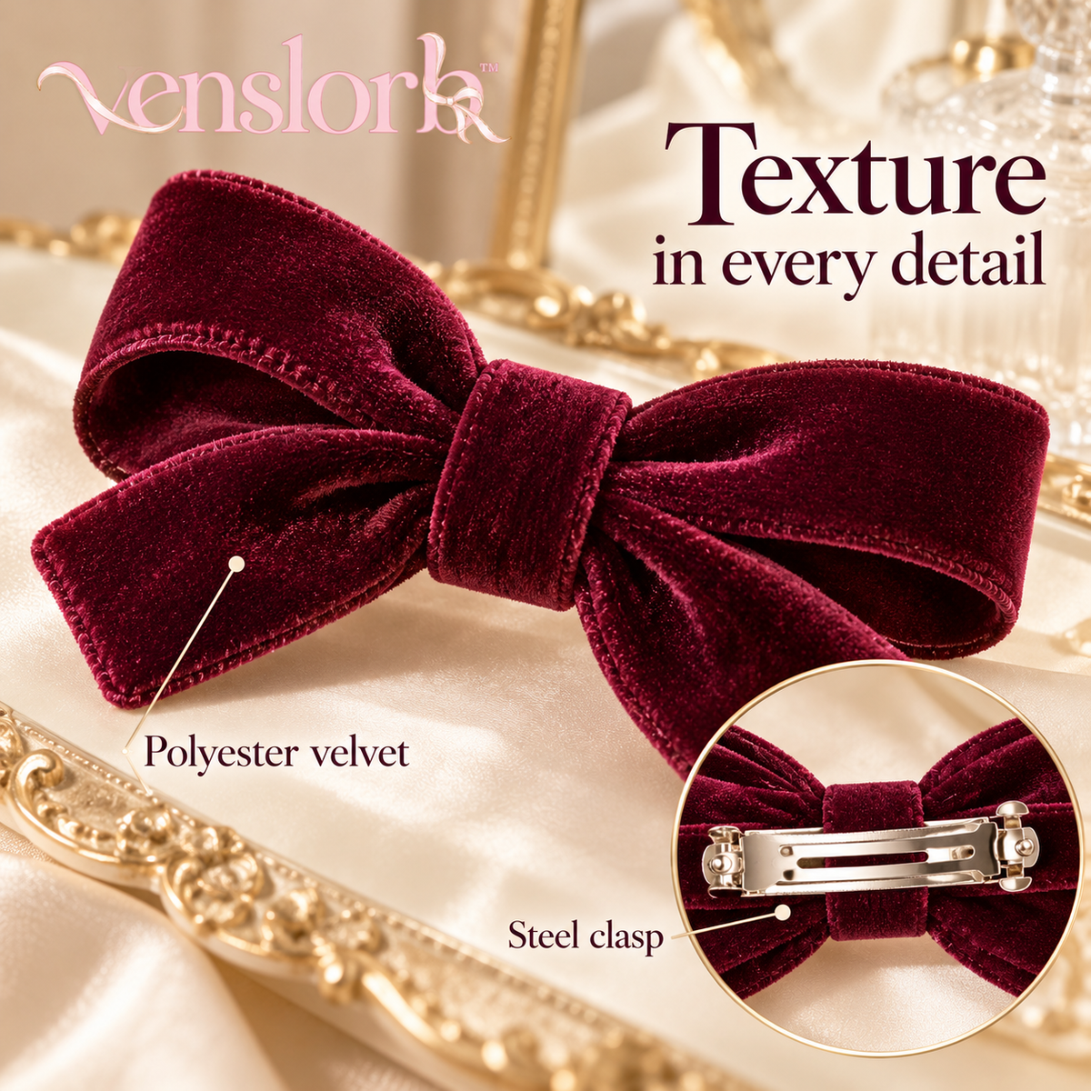 venslorb™ Velvet Poise Bow Barrette, 4.5-Inch Adult Velvet Hair Bow with French-Style Clasp for Half-Up Hairstyles